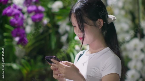 Woman using smartphone at night, Night lights, Bokeh of lights.