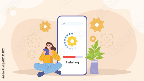 An illustration of a modern app installation concept, featuring a smartphone or tablet with a dynamic progress bar, app icons, and smooth animation of the installation process. 