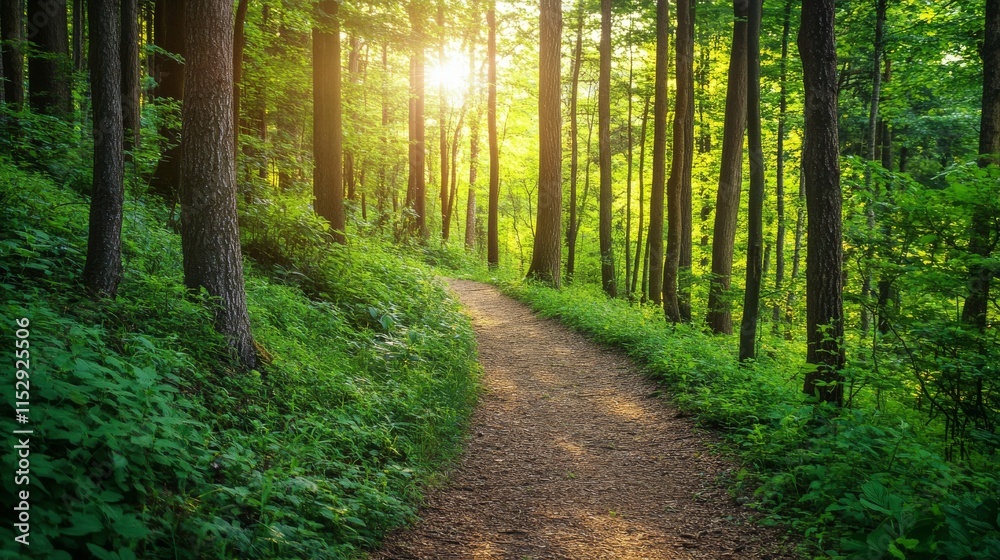 Fototapeta premium A peaceful hiking trail winding through a dense forest, Sunlight filtering through leafy canopies, Nature hike style