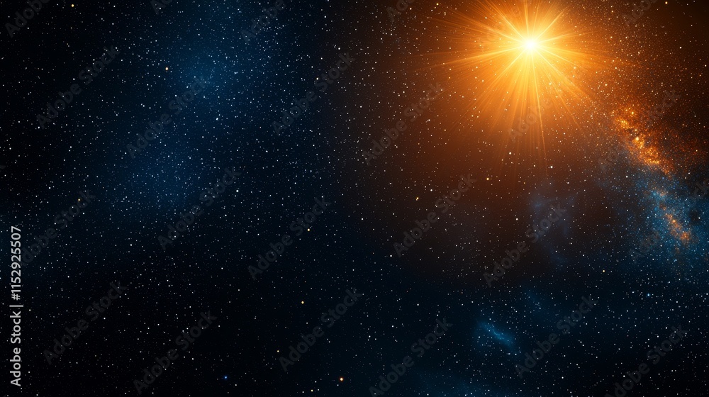 Fototapeta premium A stunning cosmic scene featuring a bright star illuminating a dark, star-filled space background, evoking a sense of wonder and the vastness of the universe.