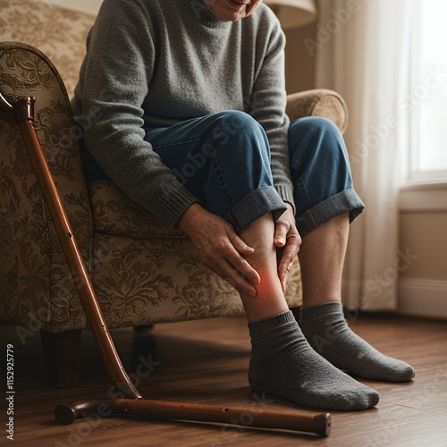 An elderly person sits on a chair, holding their leg in discomfort, indicating pain or injury.
