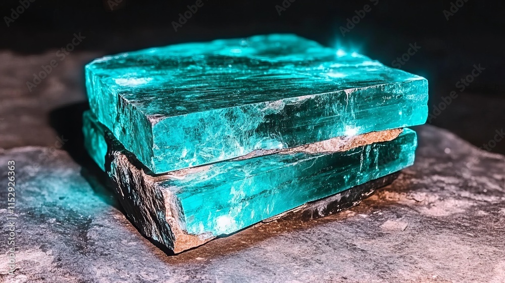 Fototapeta premium Luminous Teal Glass Blocks Stacked on Dark Surface