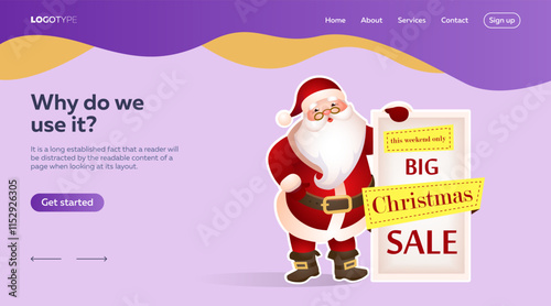 Landing page design with Santa Claus. Big Christmas Sale poster  and Santa in costume. Vector illustration can be used for sales, online shops, special offer photo