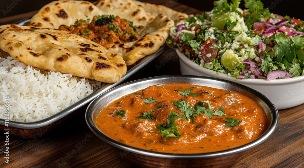 A top-down view of an Indian-inspired meal, featuring various dishes beautifully arranged on the table. A top-down view of an Indian-inspired meal, featuring various dishes beautifully arranged on the table.
