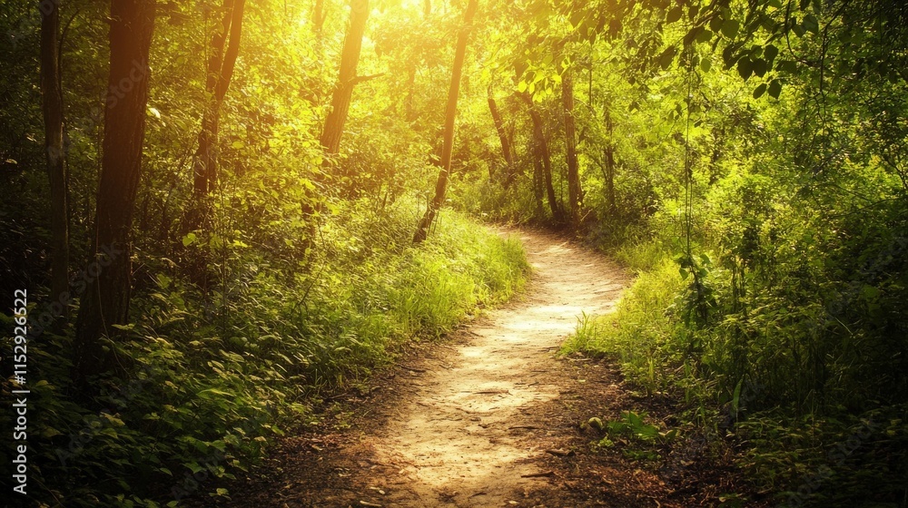 Obraz premium A peaceful hiking trail winding through a dense forest, Sunlight filtering through leafy canopies, Nature hike style