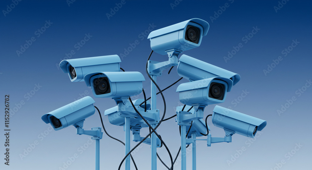 Cluster of blue security cameras with black cables on a blue gradient background. Cluster of blue security cameras with black cables on a blue gradient background.