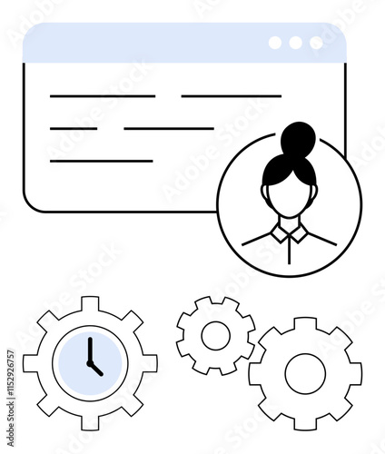 Businesswoman profile inside circle, browser window with lines, three interlocking gears, one with clock. Ideal for workflow management, business, technology, time tracking, team coordination