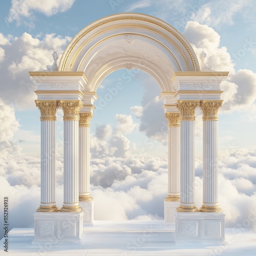 3D render of a golden arch with white clouds and columns a heavenly background