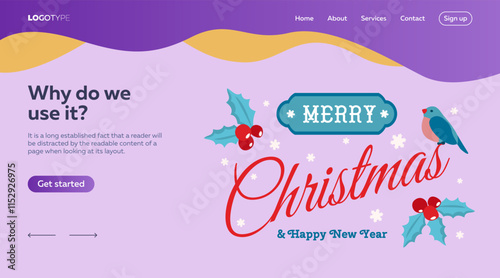 Merry Christmas festive design with New Year ornaments, bullfinch, snowflakes, mistletoes. Landing page template with sample text and decorations.