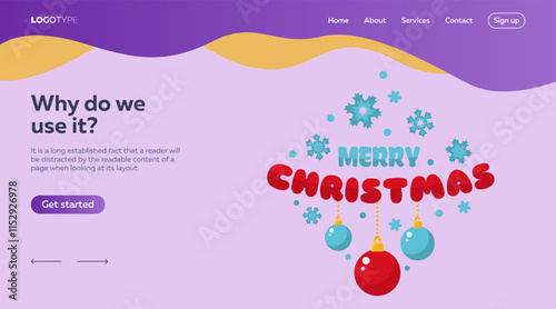 Merry Christmas festive design with baubles, snowflakes on purple background. Landing page template and sample text with decorations/ Vector can be used for online posters, banners