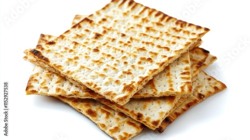 Matzo crackers stacked on a white background symbolizing tradition and celebration during Passover festivities photo