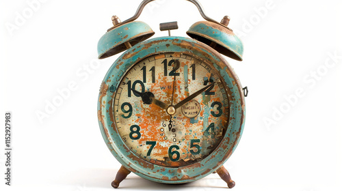 Vintage Alarm Clock with Weathered Distress on white background.PNG photo