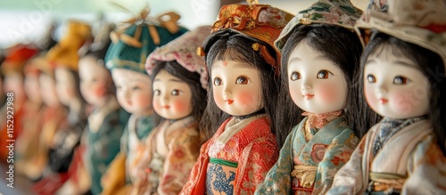 Traditional Japanese dolls displayed in a row showcasing intricate craftsmanship and cultural significance in vibrant colors and attire photo