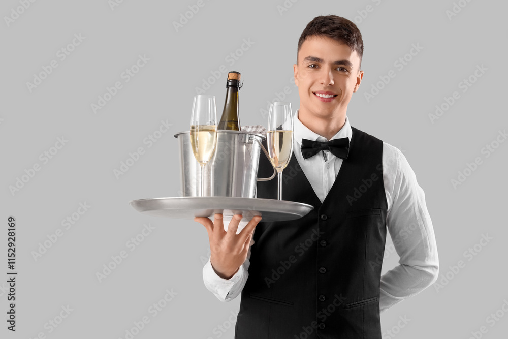 Young male waiter with champagne and ice bucket on tray against grey background Young male waiter with champagne and ice bucket on tray against grey background