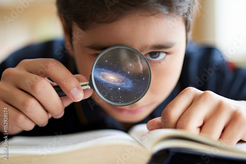 A student peering through a magnifying glass with a universe inside, symbolizing curiosity as a portal to endless learning photo