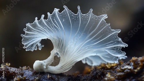 Delicate translucent mushroom Mycena tintinnabulum showcasing intricate gills in a natural habitat under soft ambient light photo