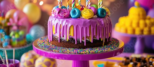 Mardi Gras themed vibrant candyland cake with colorful drip and festive decorations on a lively party table setting photo