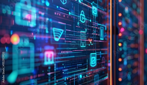 Close up of an abstract digital screen displaying hologram background with glowing light