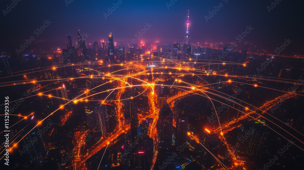 Naklejka premium Abstract businesswoman stands on the peak of success Smart digital city with connection cyber security network reciprocity over the cityscape future wireless digital city and social media networking