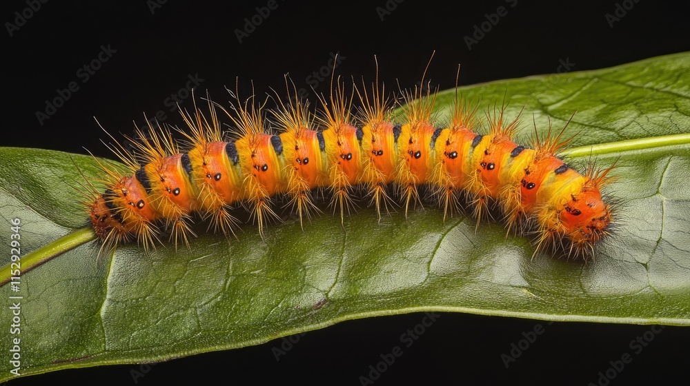 Fototapeta premium Mature colorful caterpillar resting on a host plant leaf showcasing distinctive patterns and textures in its natural habitat