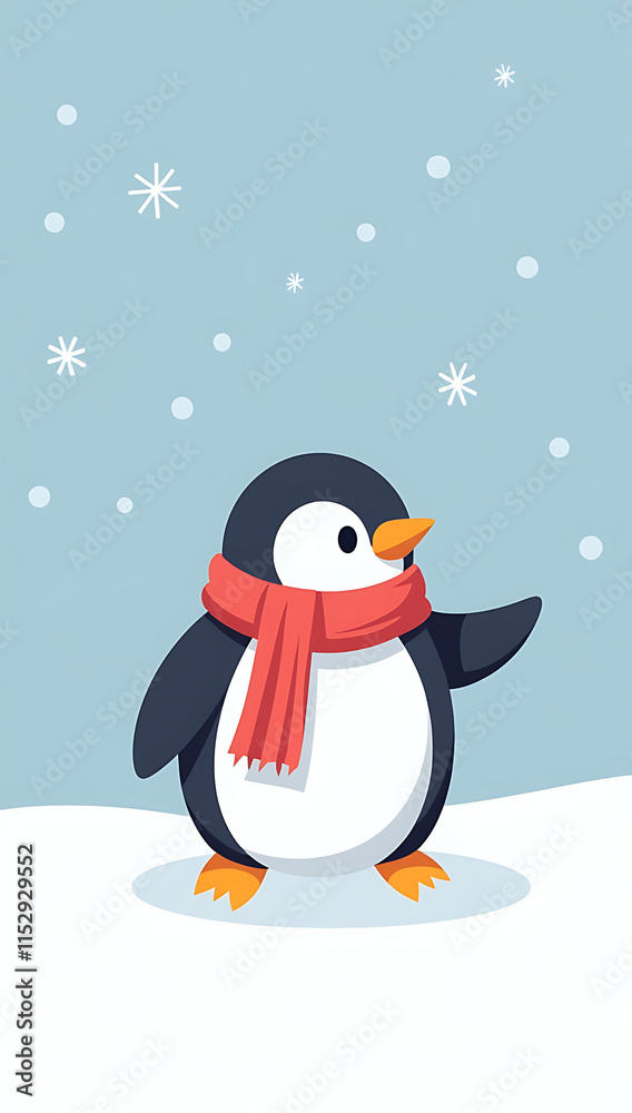 Fototapeta premium A minimal phone HD wallpaper with a cartoon penguin wearing a scarf on a white snowy background.