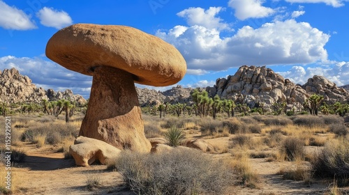 Mushroom rock formation in desert landscape under blue sky with clouds showcasing unique geological features and surrounding vegetation photo