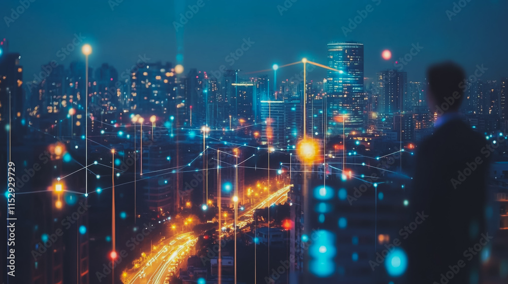 Fototapeta premium Abstract businesswoman stands on the peak of success Smart digital city with connection cyber security network reciprocity over the cityscape future wireless digital city and social media networking