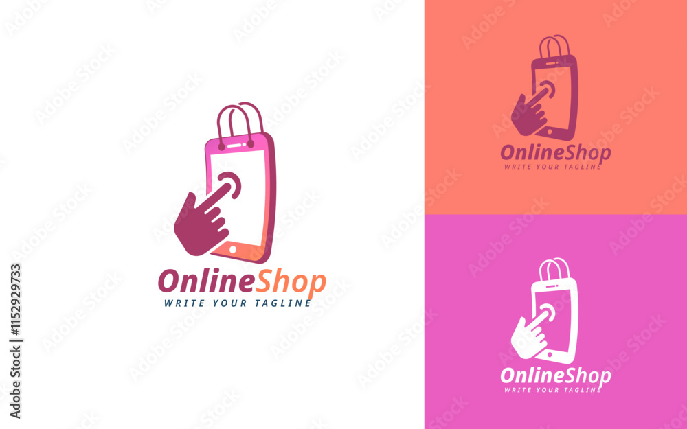 Online Shopping Logo Design With Smartphone Clicking Hand, Bag. Ecommerce Logo, Modern Online Store Logo. Vector Illustration Online Shopping Logo Design With Smartphone Clicking Hand, Bag. Ecommerce Logo, Modern Online Store Logo. Vector Illustration