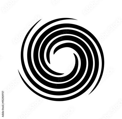 Circular black and white curl. Round emblem or logotype. Abstract minimalistic creativity and art. Rotation and whirlwind. Flat vector illustration