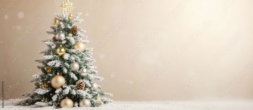 Luxury Christmas tree with gold and silver ornaments set against a beige backdrop ideal for festive designs and holiday themes Luxury Christmas tree with gold and silver ornaments set against a beige backdrop ideal for festive designs and holiday themes