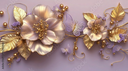An ethereal floral arrangement on a muted lavender backdrop, featuring metallic gold flowers with soft lilac accents. 