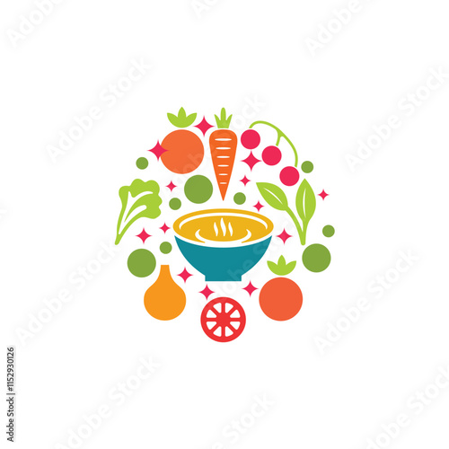 steaming bowl of soup, with playful food elements like vegetables and fruits