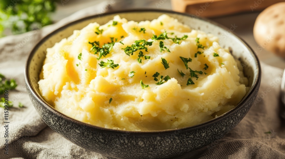 Creamy mashed potatoes garnished with herbs in a rustic bowl on a wooden table setting Creamy mashed potatoes garnished with herbs in a rustic bowl on a wooden table setting