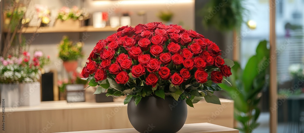 Obraz premium Elegant red rose bouquet displayed in a modern floral shop showcasing luxury floral arrangements and vibrant decor.