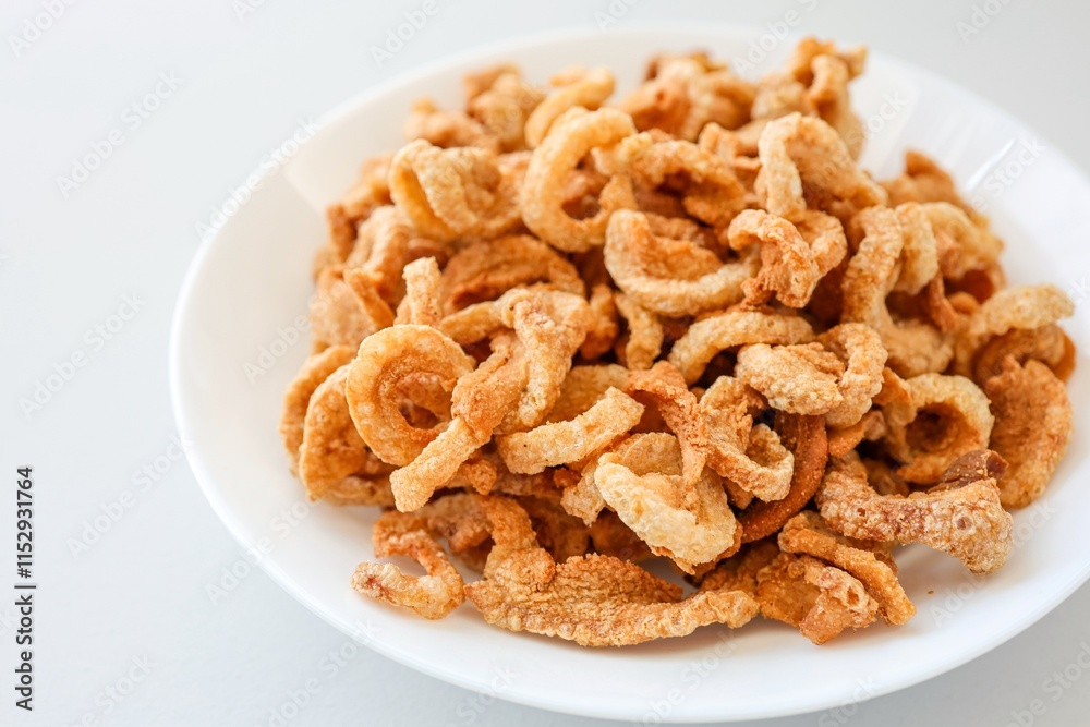 Pork rind, pork cracking,pork snack, in white plate on white background Pork rind, pork cracking,pork snack, in white plate on white background
