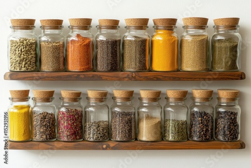 Fototapeta Naklejka Na Ścianę i Meble -  Vibrant spice collection displayed neatly on shelves kitchen environment high-resolution image of various spices capturing culinary essence and flavorful aesthetics