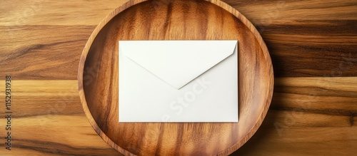 Blank white greeting card and envelope mockup on a wooden plate viewed from above showcasing elegant stationery design options photo