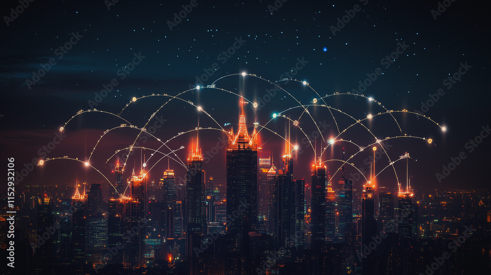 Fototapeta premium Abstract businesswoman stands on the peak of success Smart digital city with connection cyber security network reciprocity over the cityscape future wireless digital city and social media networking