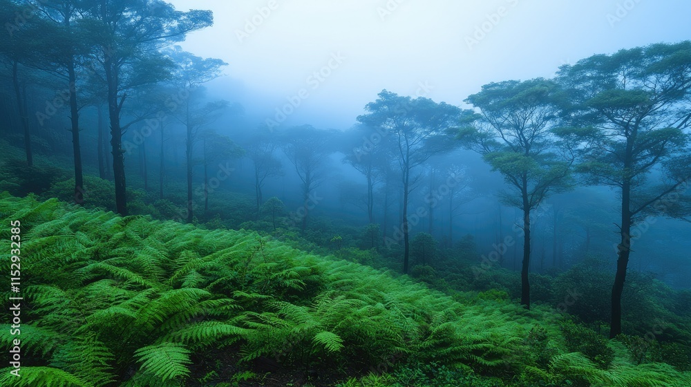 Fototapeta premium Misty forest scene with lush ferns and tall trees on a hillside.