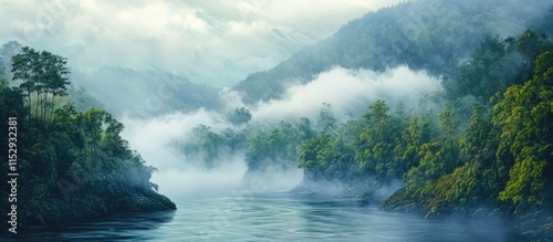 Serene misty river with lush greenery and mountains in the background creating a tranquil nature scene. photo