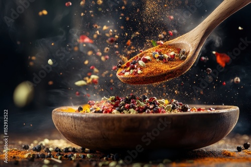 Fototapeta Naklejka Na Ścianę i Meble -  Captivating action of spices flying from a wooden spoon into a bowl kitchen scene culinary art warm environment close-up view concept of flavor and spice exploration