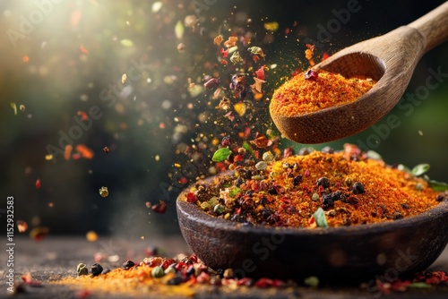 Fototapeta Naklejka Na Ścianę i Meble -  Captivating spice explosion wooden spoon lifting vibrant spices from a bowl nature's palette artistic food photography outdoor setting close-up view culinary concept