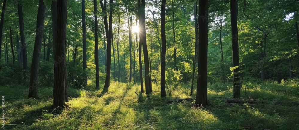Naklejka premium Enchanting forest sunlight illuminating trees creating a tranquil atmosphere for leisure moments and relaxation in nature.