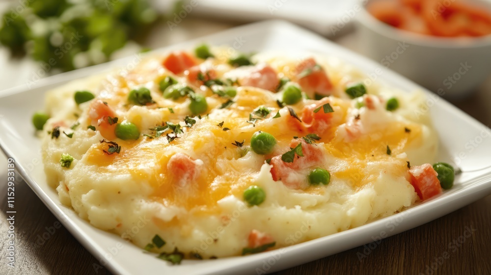 Creamy mashed potatoes topped with colorful vegetables and melted cheese on a white plate garnished with herbs and pepper. Creamy mashed potatoes topped with colorful vegetables and melted cheese on a white plate garnished with herbs and pepper.