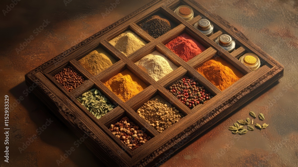 Assorted masala spices arranged in an elegant wooden tray showcasing vibrant colors and textures for culinary inspiration and kitchen décor Assorted masala spices arranged in an elegant wooden tray showcasing vibrant colors and textures for culinary inspiration and kitchen décor