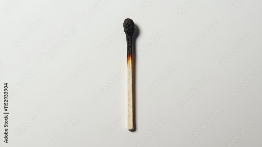Burnt matchstick on plain white background symbolizing exhaustion and the concept of burnout in personal or professional life