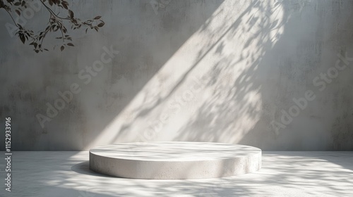 Minimalist Studio Background with Shadowed Leaves on Concrete Floor Featuring Round Podium Ideal for Product Display and Advertisements photo