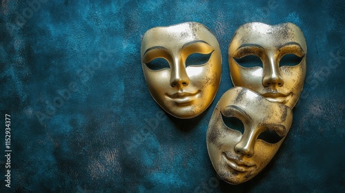 Theater masks symbolizing drama and performance art on a textured blue background photo