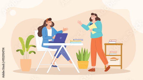 An illustration of a collaborative office project discussion, showing a diverse group of professionals gathered around a table or in a meeting room