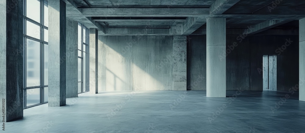 Obraz premium Minimalist apartment interior with rough concrete finishes and spacious layout perfect for modern design and architectural inspiration